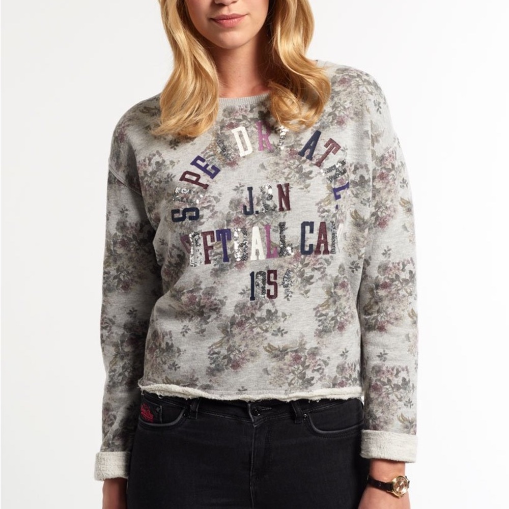 SUPERDRY Sequin Logo Floral Crop Sweat Top Medium